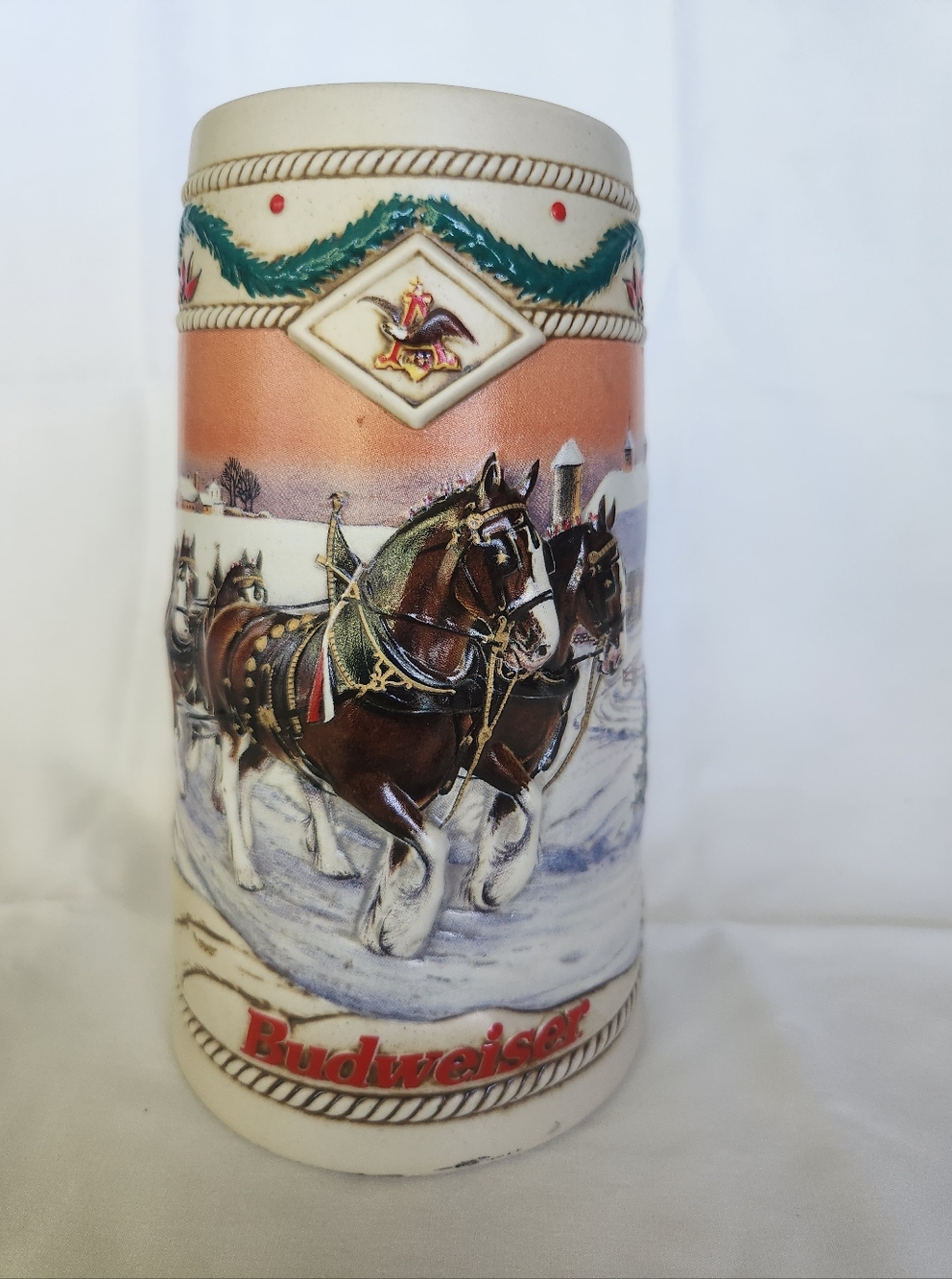 1996 Budweiser Holiday Ceramic, 3D Beer Stein "American Homestead"